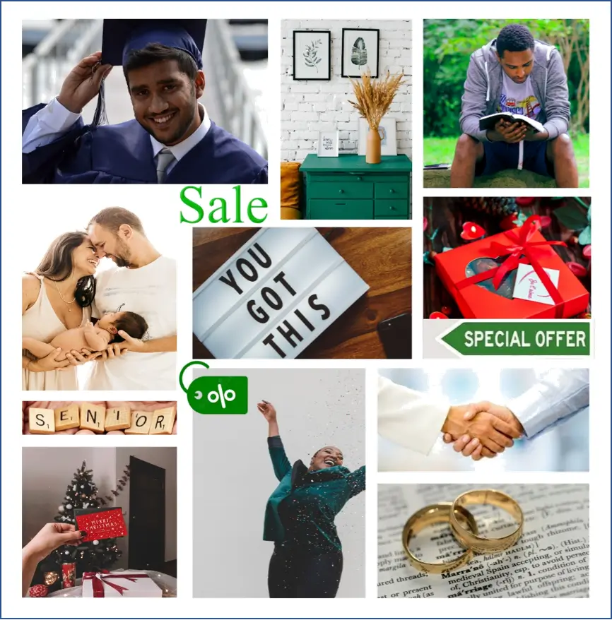 A collage of different pictures with the word sale